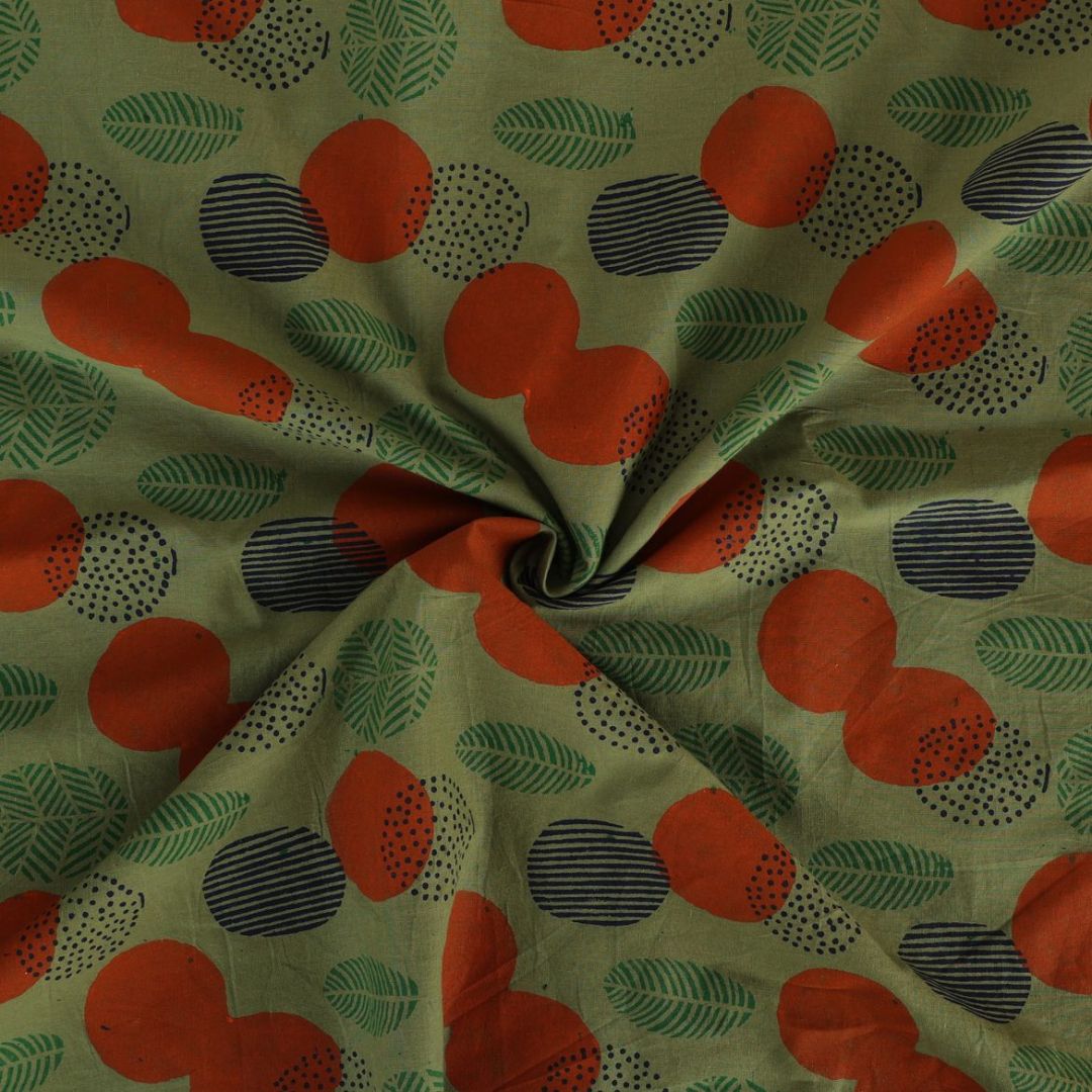 Abstract Art |Leaf Motif| Hand Block-Printed Green Cotton Fabric