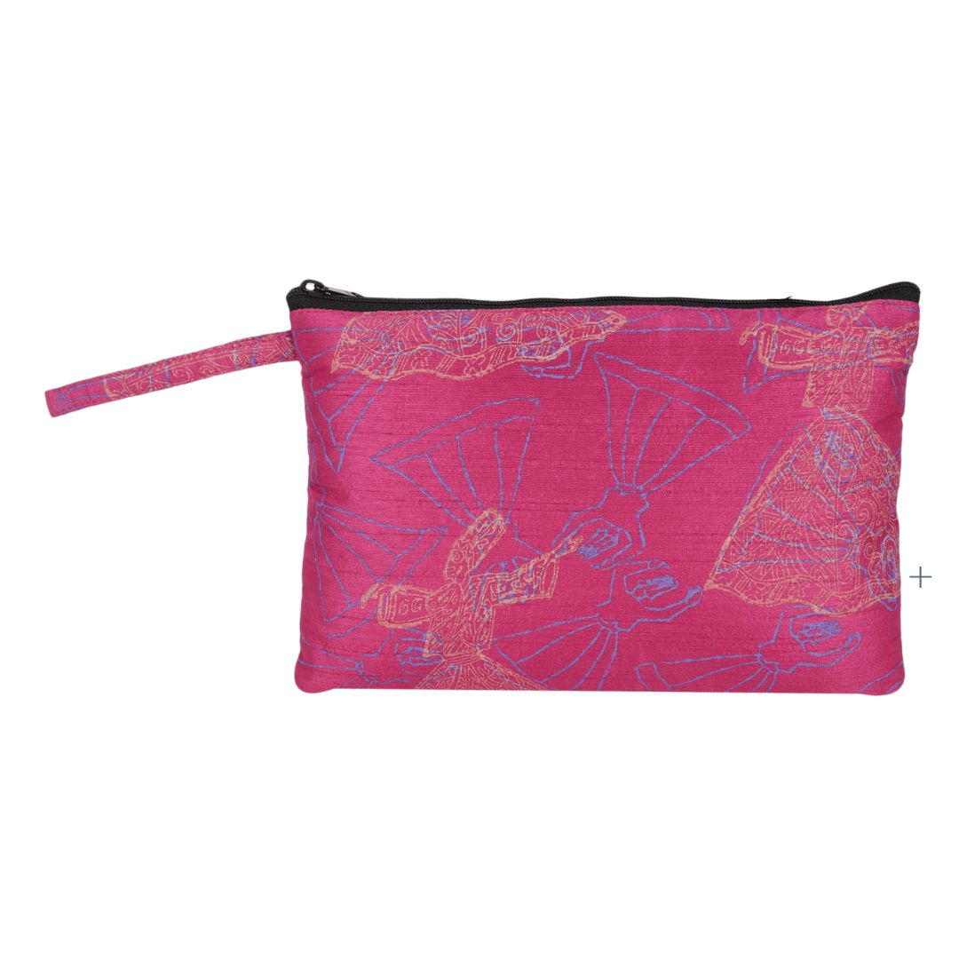 INDHA Pink Colour Hand Block Printed Silk Pencil Pouch/Multipurpose Pouch/Utility Pouch