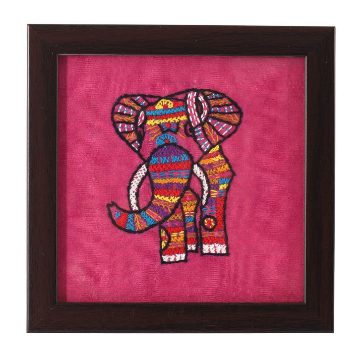 INDHA Elephant Hand-Embroidered Square Wood, Glass Coaster