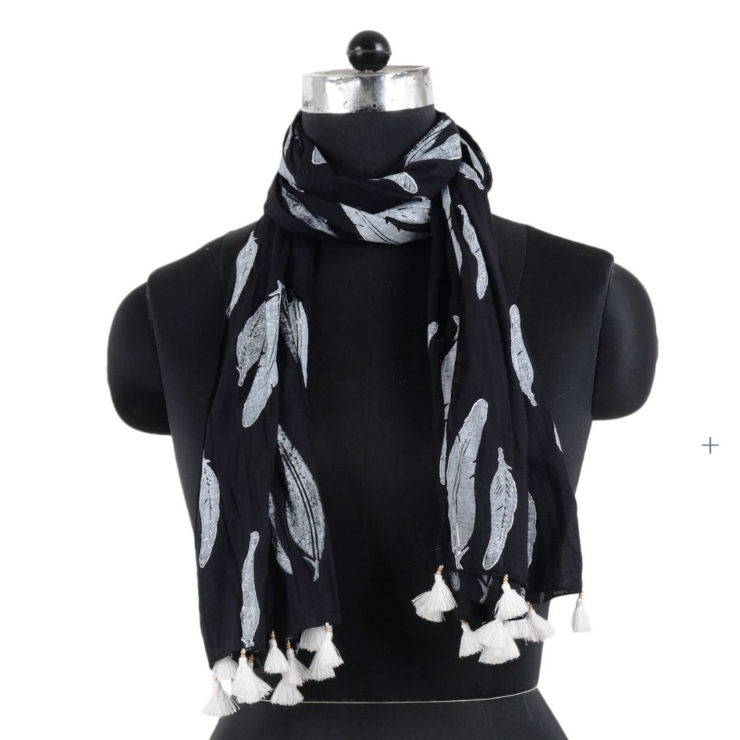 INDHA Ethnic Feather Design Hand Block Printed Black Color Cotton Stole for Girls/Women