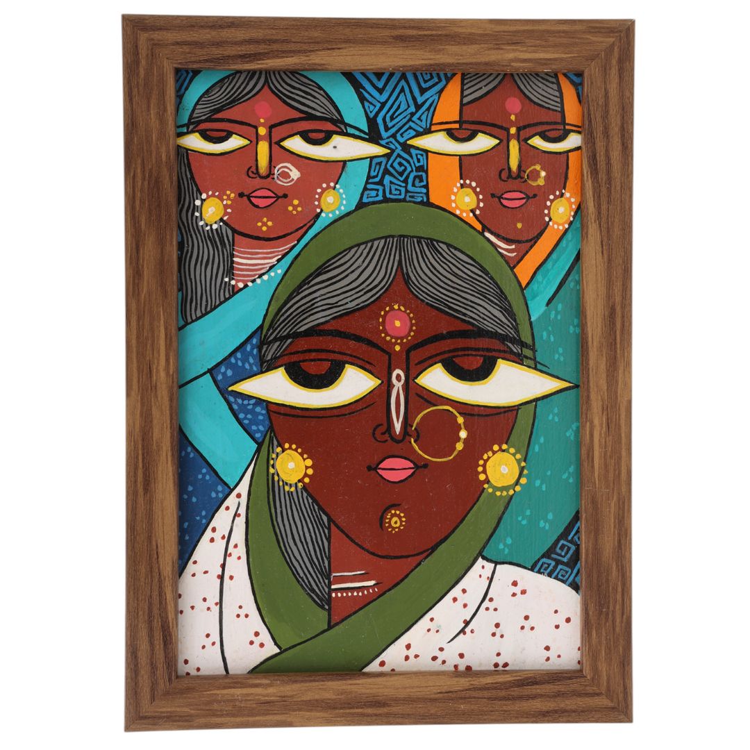 Indha Hand-Painted Abstract Wall Art | Made from Repurposed Tablet &amp; Wood | Sustainable &amp; Framed | Unique Corporate Gift| Three Women Art Acrylic Colours