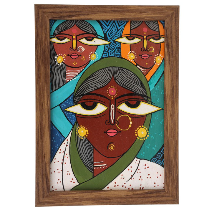 Indha Hand-Painted Abstract Wall Art | Made from Repurposed Tablet &amp; Wood | Sustainable &amp; Framed | Unique Corporate Gift| Three Women Art Acrylic Colours