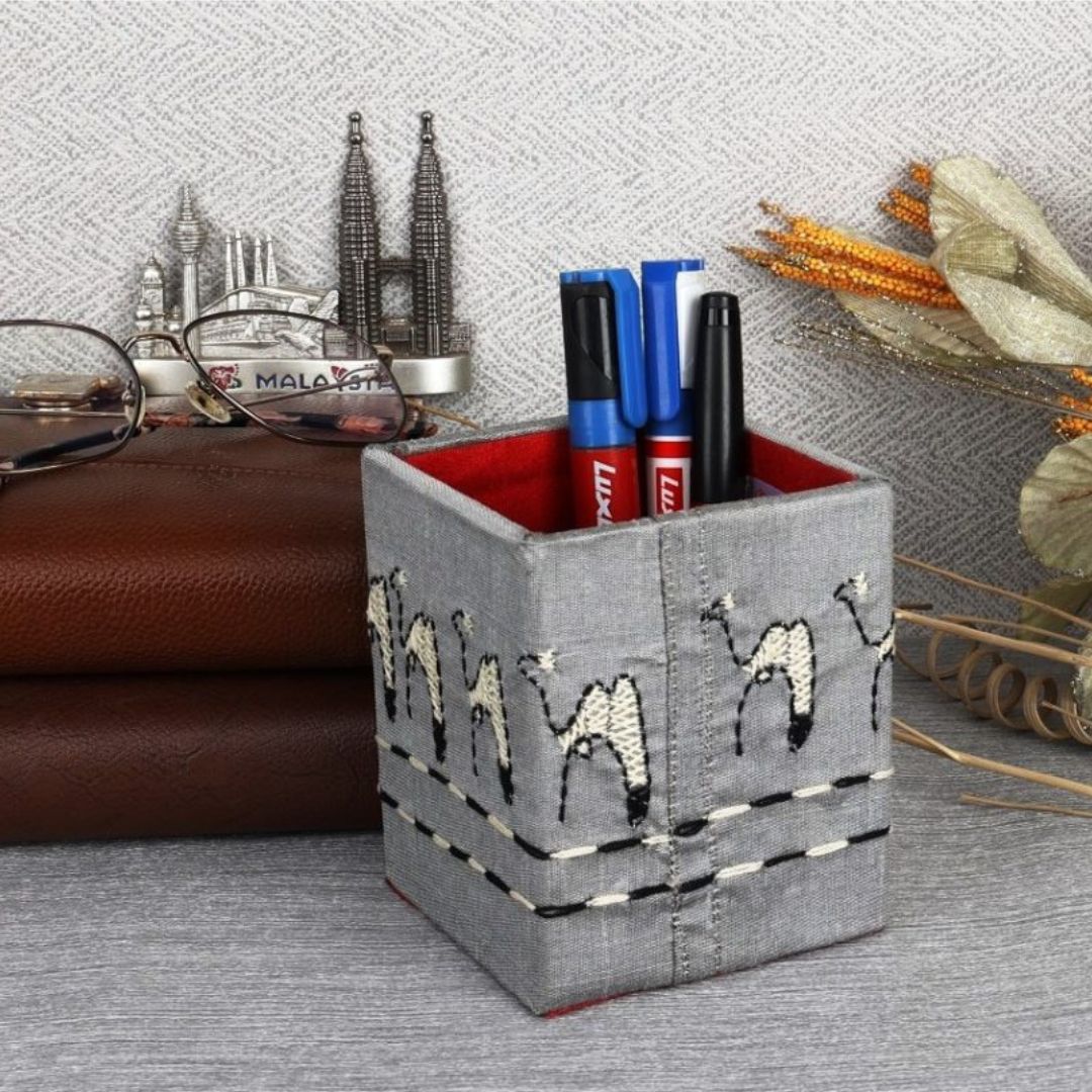 INDHA Camel Design Motif Hand Embroidered Kantha Work Grey Pen Stand | Dupion Silk Pen Stand | Desk Organizer | Desk Utility | Corporate Gifting | Pen Holder | Handcrafted Pen Stand