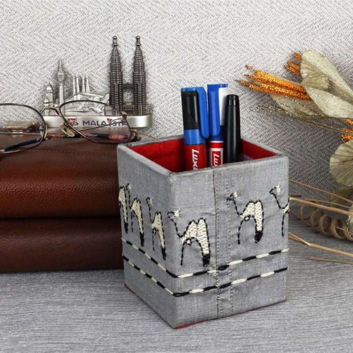 INDHA Camel Design Motif Hand Embroidered Kantha Work Grey Pen Stand | Dupion Silk Pen Stand | Desk Organizer | Desk Utility | Corporate Gifting | Pen Holder | Handcrafted Pen Stand
