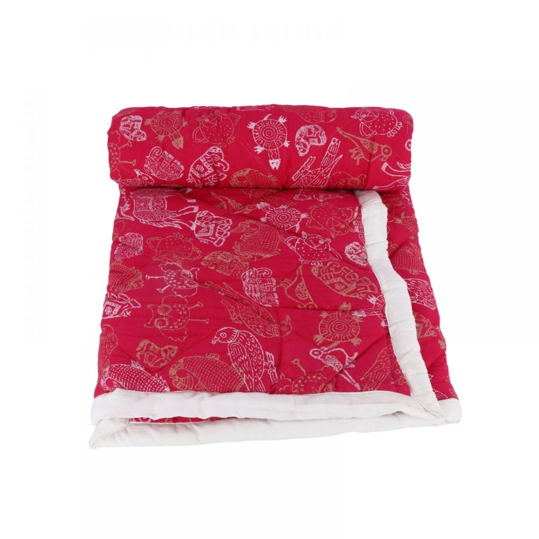 INDHA Pink Colour Animal Hand Block Printed Cotton Comforter for Kids/Baby Comforter
