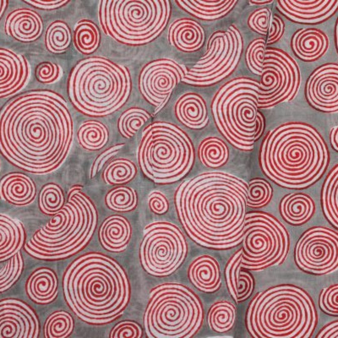 INDHA Hand Block-Printed Cotton Fabric |Red And White Swirl Design Motif Light Grey Cotton Fabric | Hand Block Printed Fabric | Home Utility | Fashion Utility | Gifting | Gifts For Him | Gifts For Her | Home Furnishing | Jaipuri Block Print Fabric
