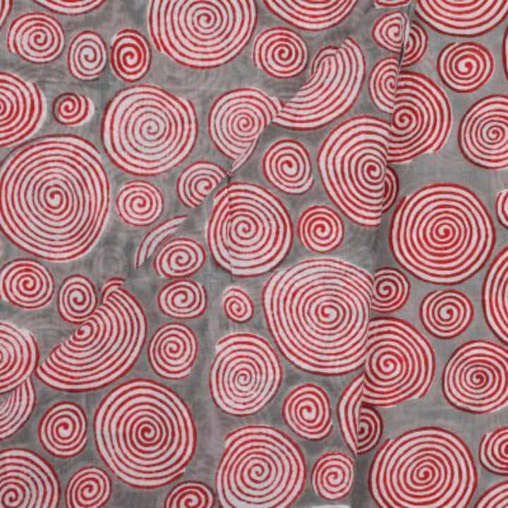 INDHA Hand Block-Printed Cotton Fabric |Red And White Swirl Design Motif Light Grey Cotton Fabric | Hand Block Printed Fabric | Home Utility | Fashion Utility | Gifting | Gifts For Him | Gifts For Her | Home Furnishing | Jaipuri Block Print Fabric
