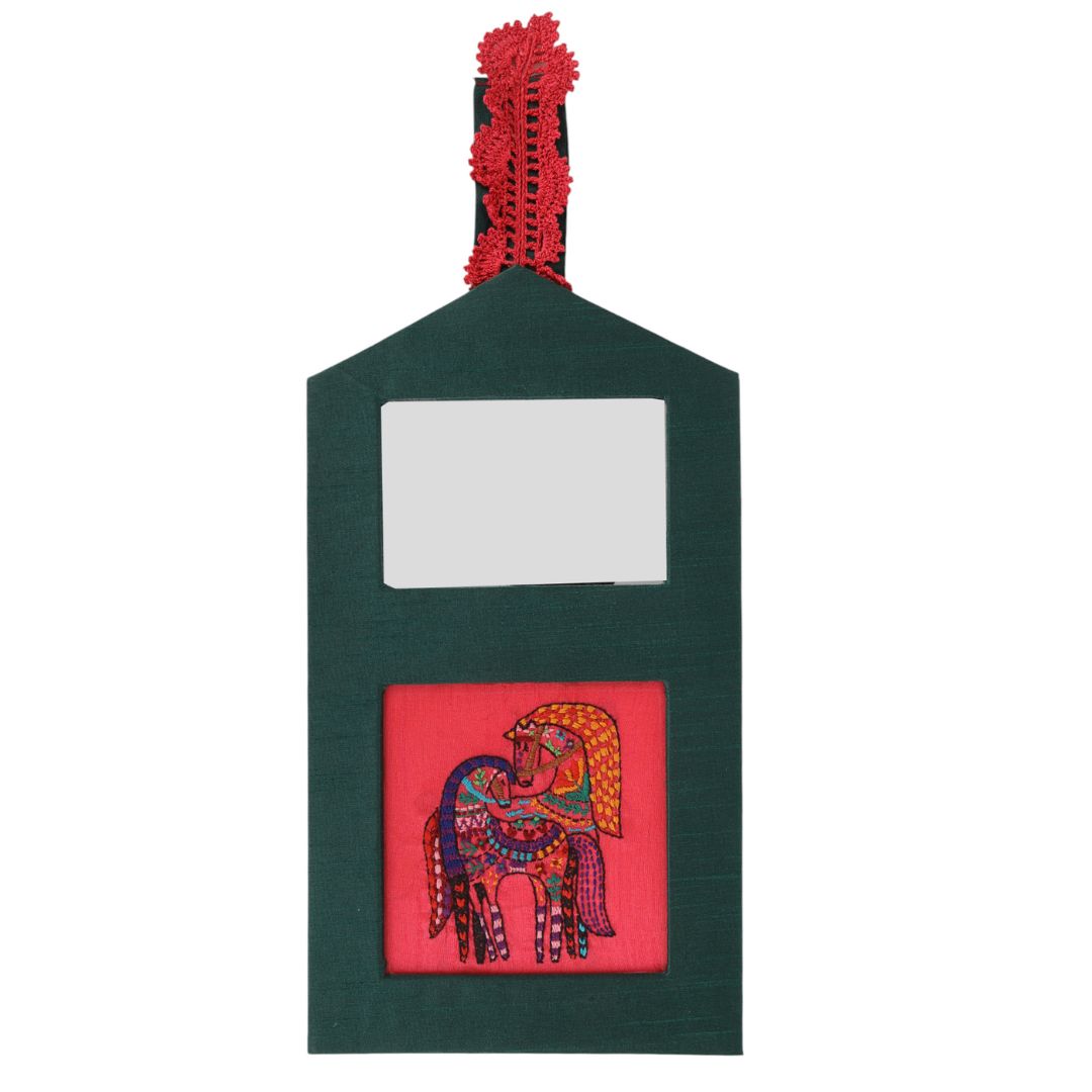Indha Horse Embroidered Wall Hanging with Mirror | Handcrafted in Repurposed Wood | Artistic &amp; Eco-Friendly Décor | Symbol of Strength &amp; Positivity