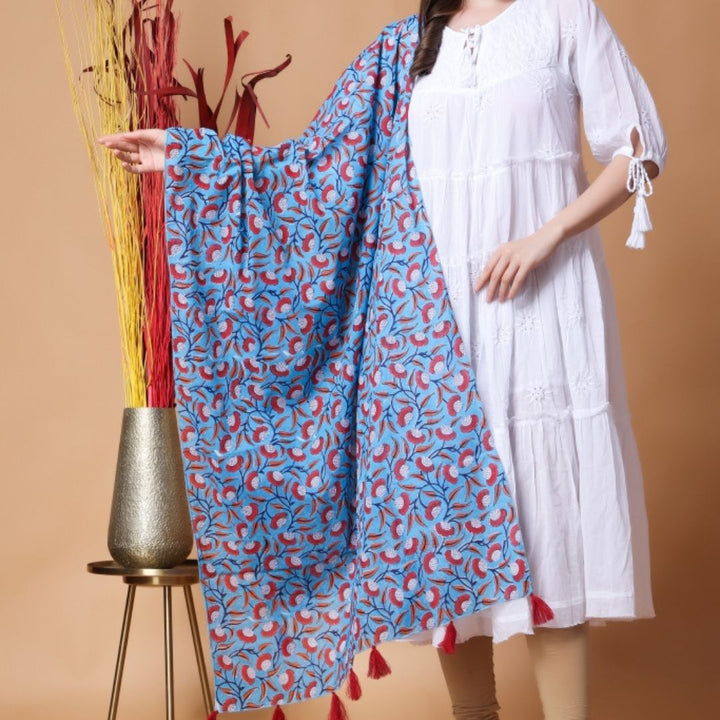 INDHA Stole | Sky Blue Cotton Stole | Hand Block Printed Red And White Flower Design Motif | Hand Block Printed Stole | Stoles For Women | Traditional Stoles | Gifting | Fashion Wear | Indo Western Stole | Fashion Accessory
