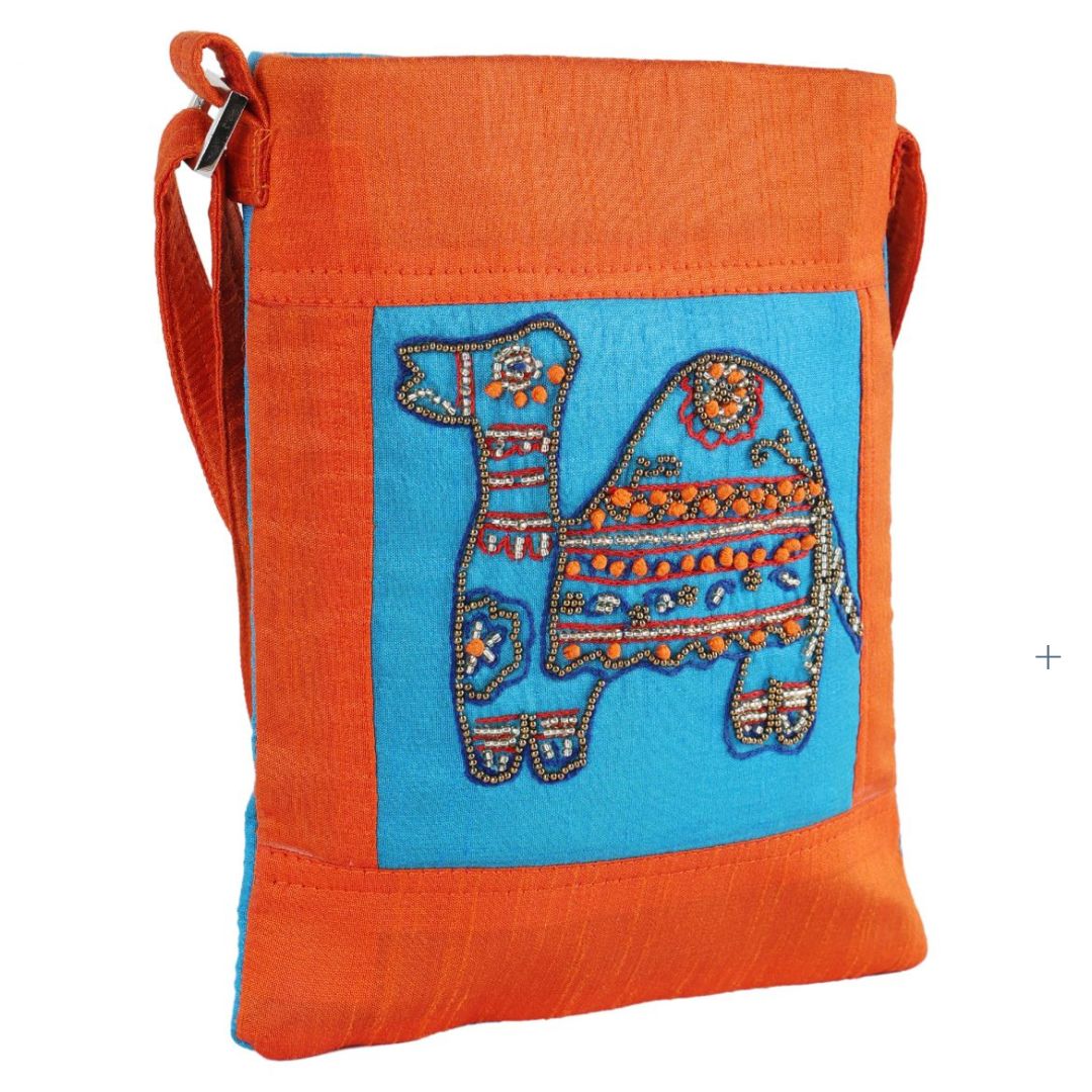 INDHA Camel Design Hand Embroidered Zardozi Work Orange & Sky Blue Sling Bag | Dupion Silk Sling Bag | Hand Crafted Sling Bag | Travel Utility | Cross Body Bag | Gifting | Fashion Bag | Fashion Accessory | Women Sling Bag