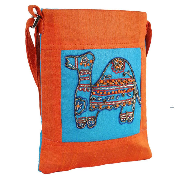 INDHA Camel Design Hand Embroidered Zardozi Work Orange & Sky Blue Sling Bag | Dupion Silk Sling Bag | Hand Crafted Sling Bag | Travel Utility | Cross Body Bag | Gifting | Fashion Bag | Fashion Accessory | Women Sling Bag