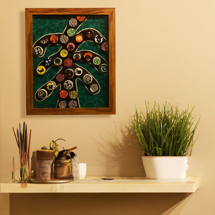 Indha Handcrafted Wall Decor | Unique Design Wall Decor | Handpainted Wall Decor | Wooden Framed Wall Decor | Wall Painting Design | Tree Design Wall Decor | Sustainable Bottle Cap Crown Wall Decor |