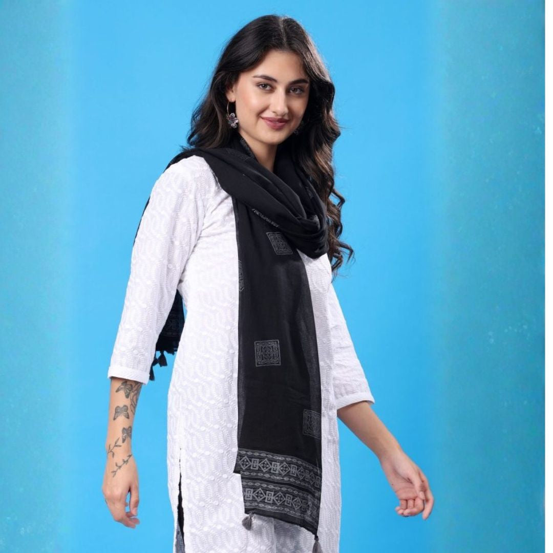 INDHA Stole | Black Cotton Stole | Hand Block Printed White Geometric Design Pattern | Hand Block Printed Stole | Stoles For Women | Ethnic Stoles | Gifting | Fashion Wear | Indo Western Stole | Fashion Accessory | Light Weight Voil Fabric