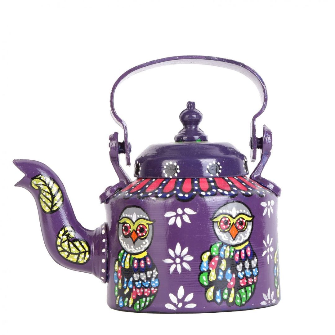 INDHA Hand Painted Owl Motif Decorative Purple Kettle | Home Décor