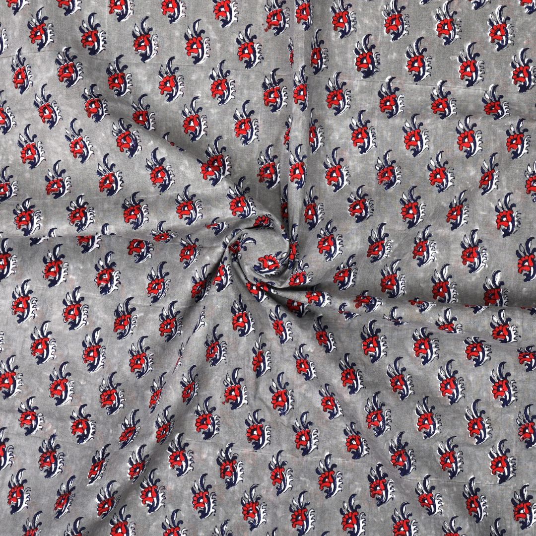 INDHA Hand Block-Printed Cotton Fabric |Multicolor Floral Design Motif Grey Cotton Fabric | Hand Block Printed Fabric | Home Utility | Fashion Utility | Gifting | Gifts For Him | Gifts For Her | Home Furnishing | Jaipuri Block Print Fabric