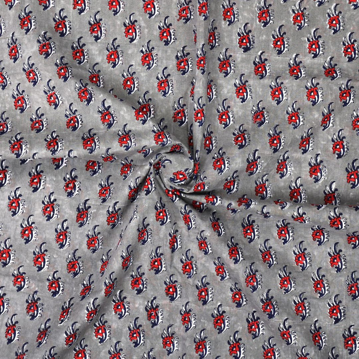 INDHA Hand Block-Printed Cotton Fabric |Multicolor Floral Design Motif Grey Cotton Fabric | Hand Block Printed Fabric | Home Utility | Fashion Utility | Gifting | Gifts For Him | Gifts For Her | Home Furnishing | Jaipuri Block Print Fabric