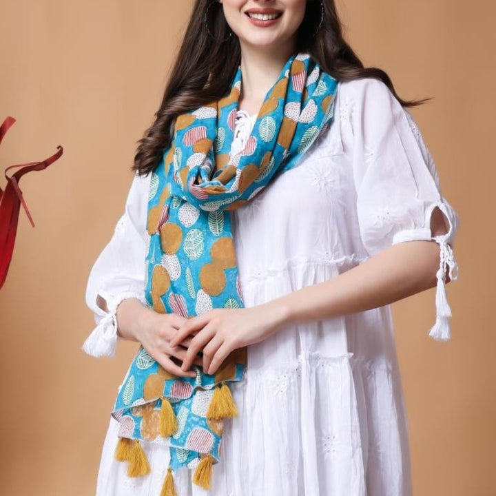 INDHA Hand Block Printed Cotton Stole Blue | Hand Block Printed Multicolor Abstract Geometric Design Pattern | Hand Block Printed Stole | Stoles For Women | Traditional Stoles | Gifting | Fashion Wear | Indo Western Stole | Fashion Accessory
