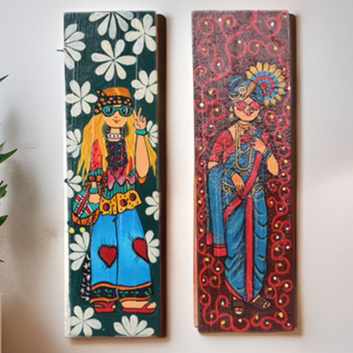 Indha Hand painted Wall Art | Indo-Western Lady Print Wall Art | Repurposed Wood Wall Art