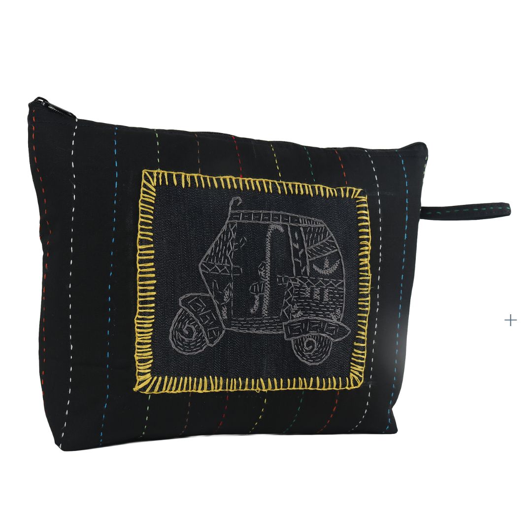 Auto Rickshaw Hand Embroidered Kantha Work Black Utility Pouch | Accessory | Travel Utility | Travel Pouch