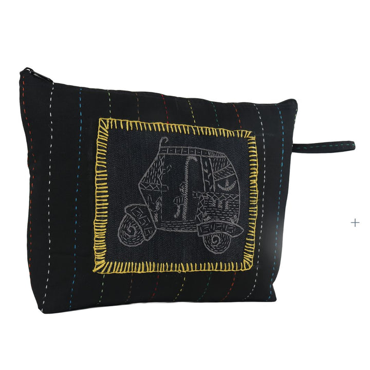 Auto Rickshaw Hand Embroidered Kantha Work Black Utility Pouch | Accessory | Travel Utility | Travel Pouch