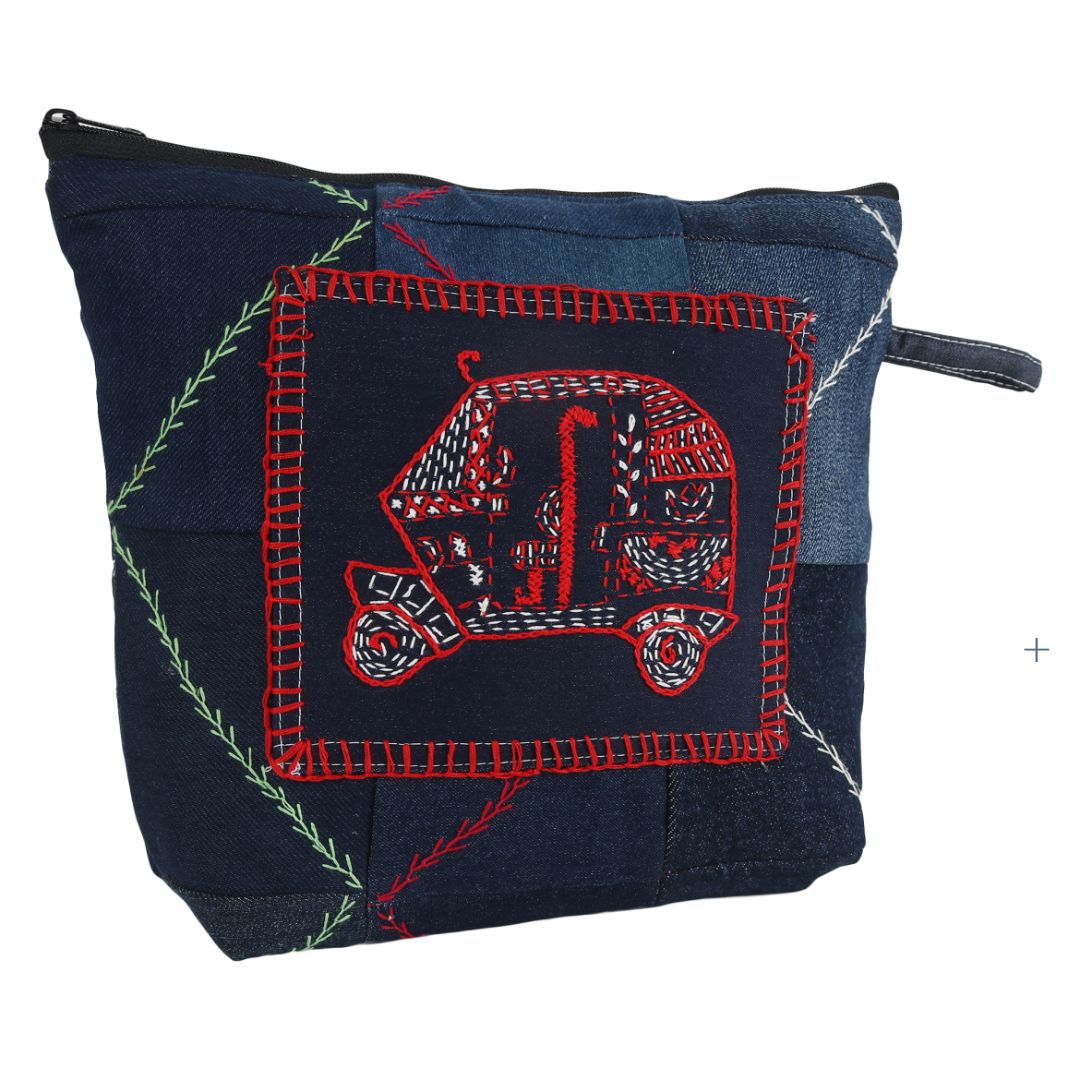 Blue Denim Patchwork with Red & White Auto Rickshaw Design Hand Embroidered Utility Pouch | Accessory | Travel Utility | Travel Pouch