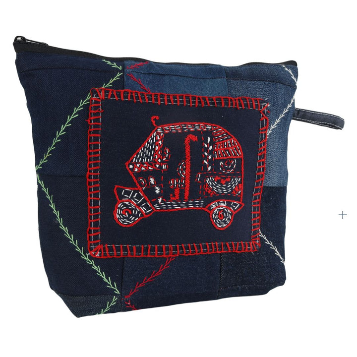 Blue Denim Patchwork with Red & White Auto Rickshaw Design Hand Embroidered Utility Pouch | Accessory | Travel Utility | Travel Pouch