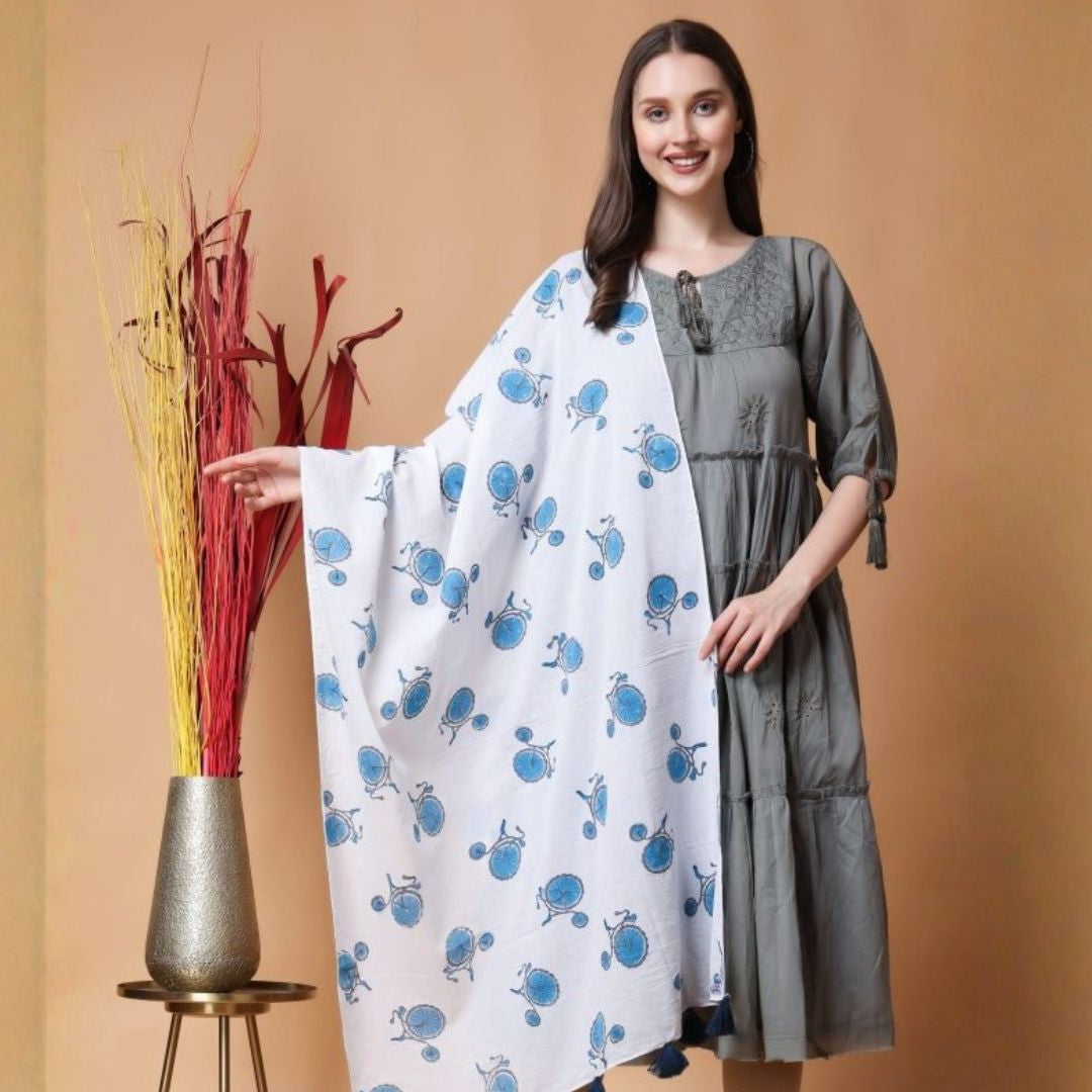 INDHA Stole | White Cotton Stole | Hand Block Printed Blue Cycle Design Motif | Hand Block Printed Stole | Stoles For Women | Traditional Stoles | Gifting | Fashion Wear | Indo Western Stole | Fashion Accessory