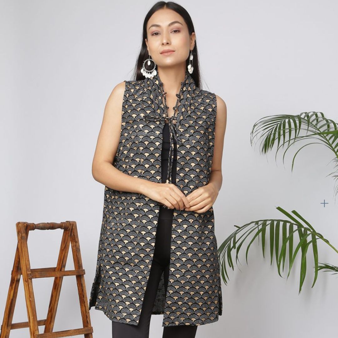 Ethnic A-Line Cotton Shrug |Women| Black |Gold  Booti Block printed Shrug