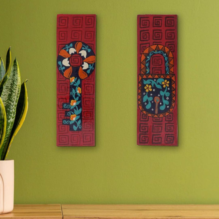 Indha Hand-Painted Wall Art | Unlock Creativity: Indha's Hand-Painted Wall Art | Eco-Chic Décor | Recycled Wood Wall Painting | Key &amp; Lock Wall Art | Artistry in Red |