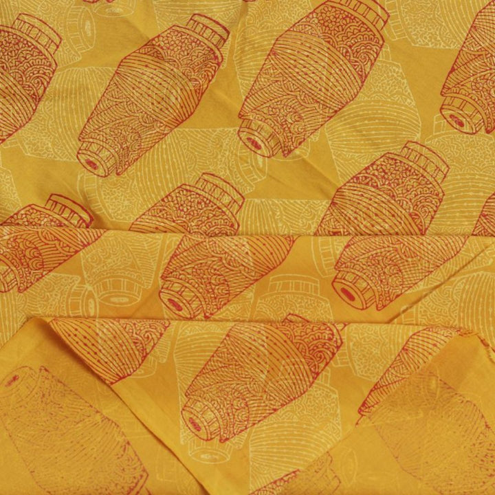 INDHA Yellow Fabric with Red and White Mridang Block Printed