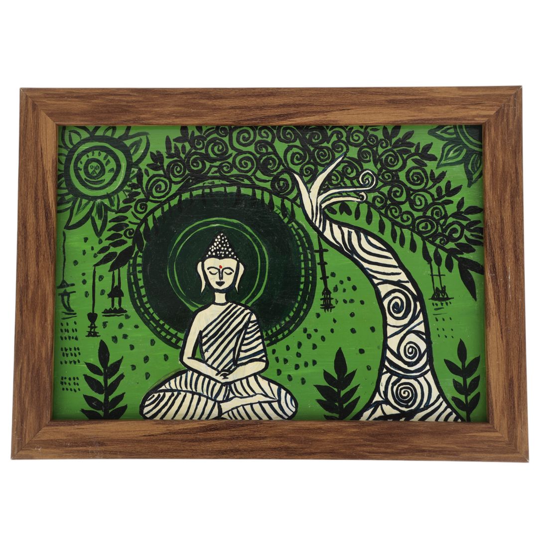 Indha Hand-Painted Buddha Wall Art | Meditating Under Tree | Upcycled Tablet with Reclaimed Wood Frame &amp; Vegan Leather Back | Eco-Friendly Spiritual Decor