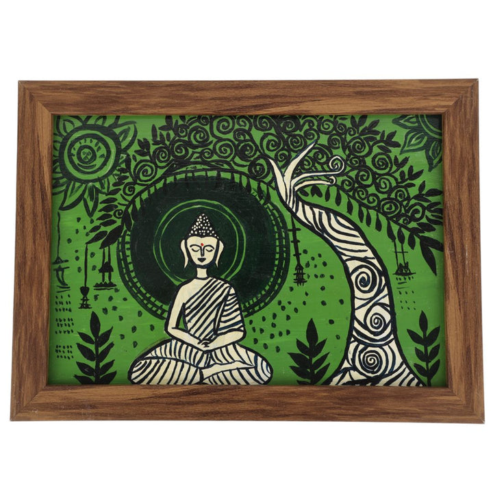 Indha Hand-Painted Buddha Wall Art | Meditating Under Tree | Upcycled Tablet with Reclaimed Wood Frame &amp; Vegan Leather Back | Eco-Friendly Spiritual Decor