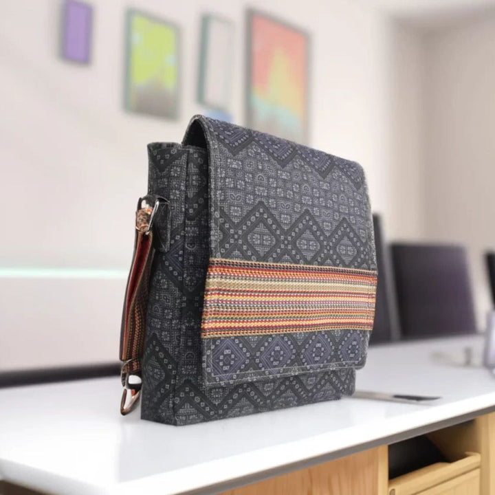 Indha Sling Bag | Handcrafted Sling Bag | Grey Cotton Canvas Sling Bag| Mild Blue Ethnic Geometric Pattern Design | Multicolor Cotton Niwar Strap |