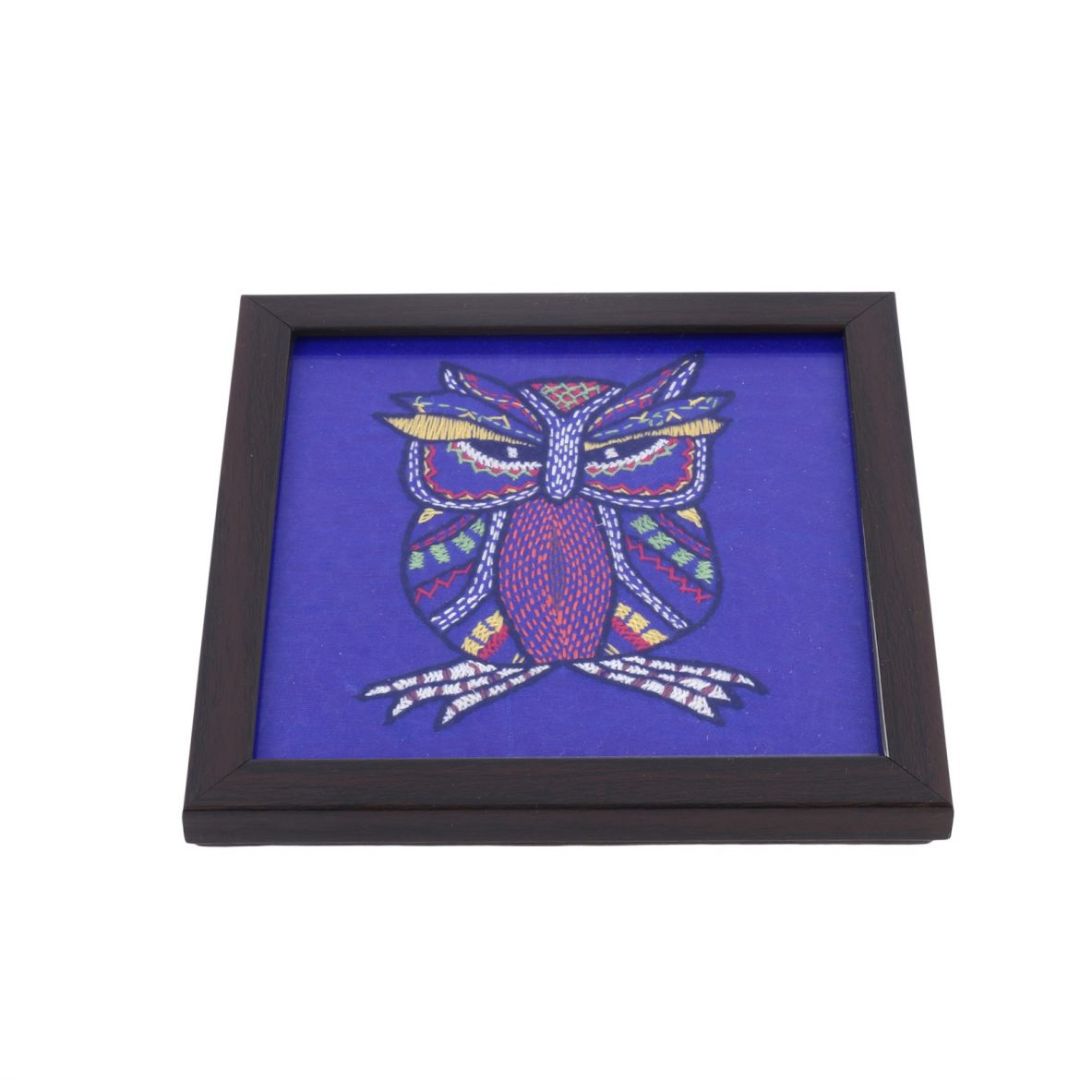 INDHA Violet Color Tribal Hand Embroidered Square Wood, Glass Coaster for Tea Table set of 2