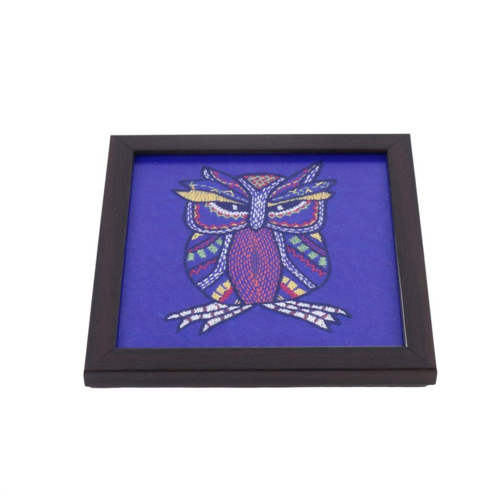 INDHA Violet Color Tribal Hand Embroidered Square Wood, Glass Coaster for Tea Table set of 2