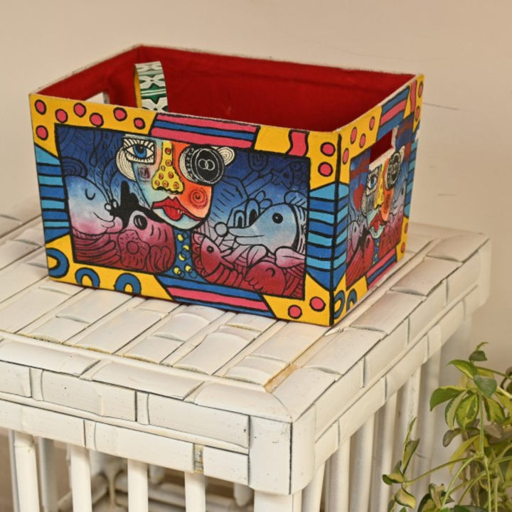 INDHA Hand-Painted Gift Basket with Multicoloured Abstract design | Cotton Canvas Gift &amp; Storage Basket | Handcrafted Basket | Festive Gift Basket | Gift Baskets | Hand painted Basket | Decoration Basket | Storage Box