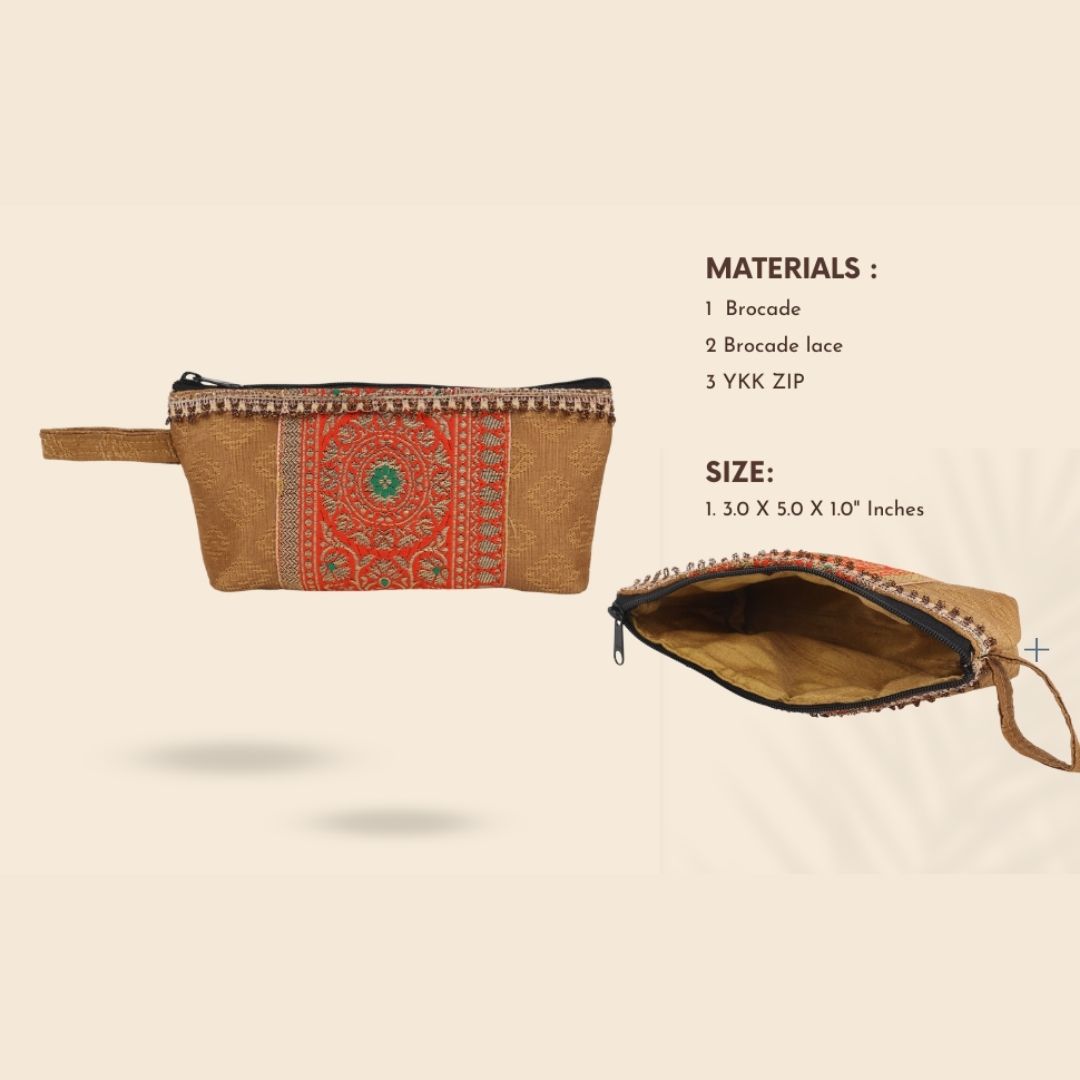 Indha Golden Brocade Utility Pouch with Embroidered Panel | Handcrafted Multipurpose Travel Organizer | Sustainable & Stylish Gifting Idea