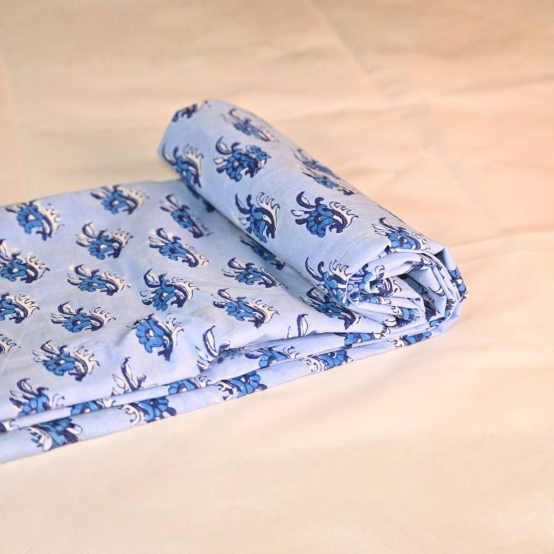 INDHA Hand Block-Printed Cotton Fabric | Blue And White Floral Design Motif Sky Blue Cotton Fabric | Hand Block Printed Fabric | Home Utility | Fashion Utility | Gifting | Gifts For Him | Gifts For Her | Home Furnishing | Jaipuri Block Print Fabric