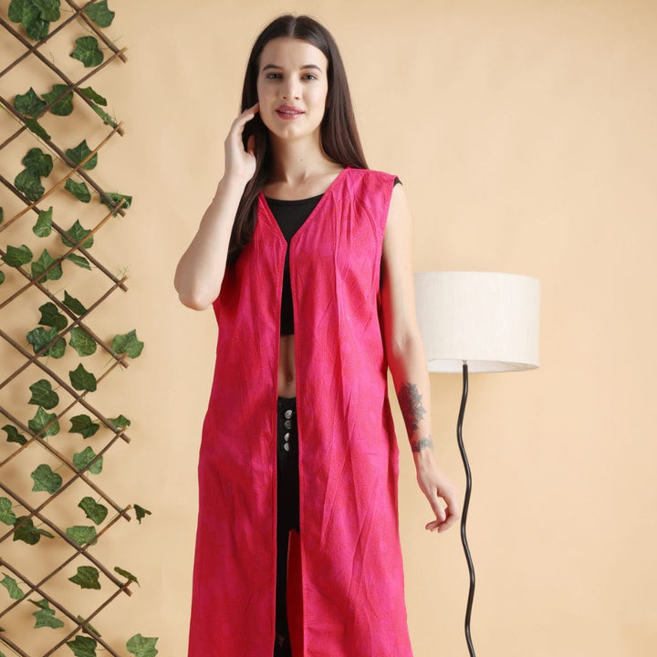 INDHA Rangoli Hand Block Printed Pink Cotton Shrug | Sleeveless Shrug | Long Shrug