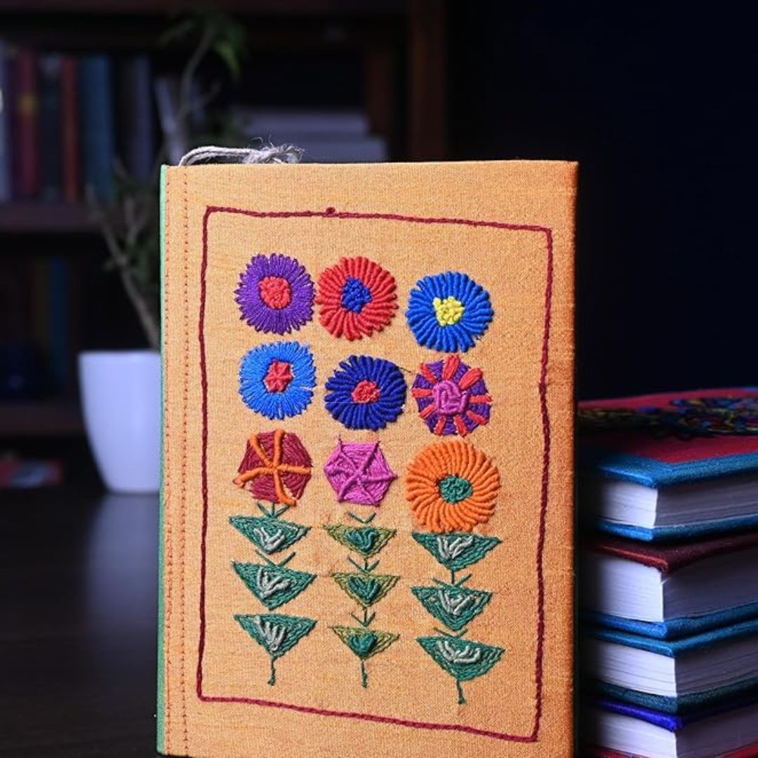 INDHA Handcrafted Recycle Paper diary | Eco Friendly Diary | Gifting | Sustainable Corporate Gifting| Handmade Diary | Abstract Embroidery Diary| Orange-Green Silk Fabric|Hand Embroidered