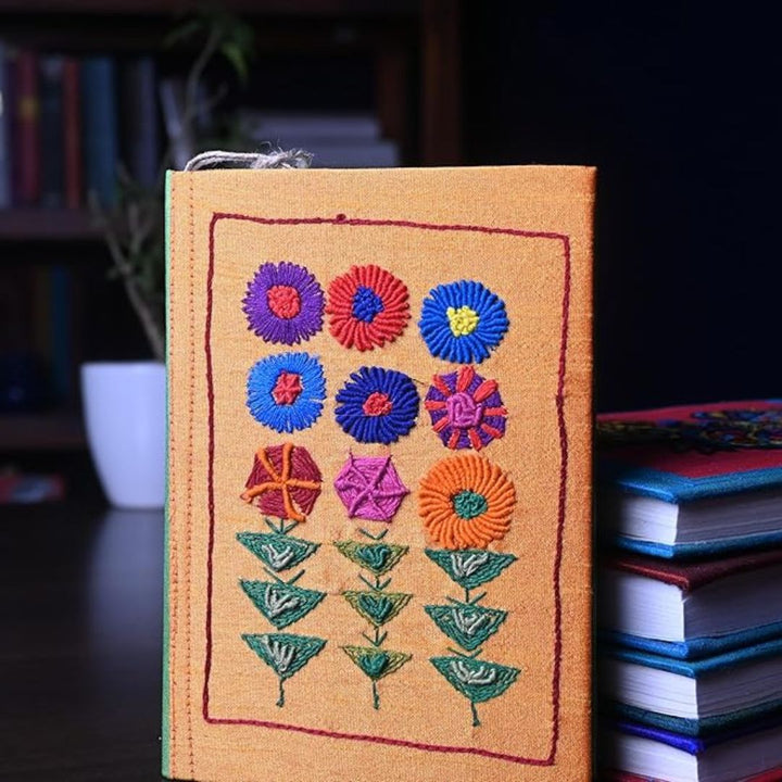 INDHA Handcrafted Recycle Paper diary | Eco Friendly Diary | Gifting | Sustainable Corporate Gifting| Handmade Diary | Abstract Embroidery Diary| Orange-Green Silk Fabric|Hand Embroidered