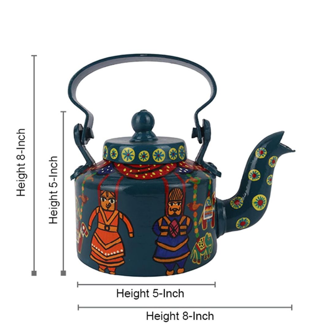INDHA Handcrafted Rajasthani Puppet Kettle | Teal Green Decorative Aluminum Kettle 1L | Hand-Painted Art for Home, Café, Table Décor | Eco-Friendly Gift Made in India