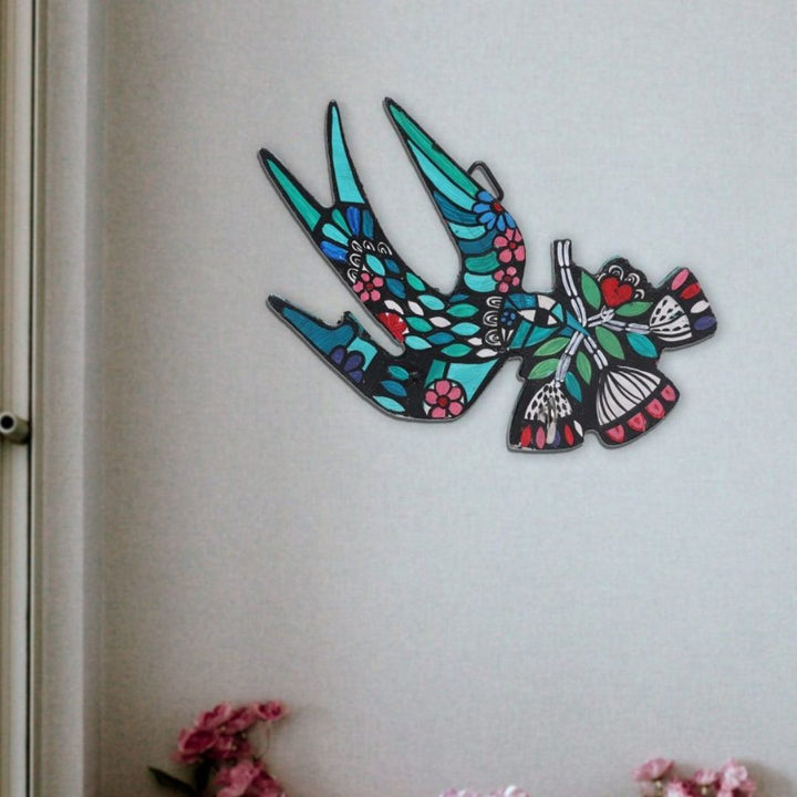 Indha Hand-Painted Flying Bird Design Key Holder - Perfect for an Organized Home | Hand-Painted Wall Key Holder | Hand-Painted Flying Bird Key Holder - Eco-Friendly Décor |