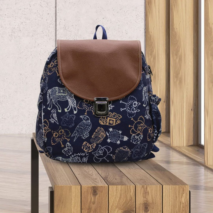 INDHA Unique Bicycle Hand Block-Printed Canvas Travel Backpack for Ladies | Travel Bag | Handcrafted Backpack | Travel Backpacks