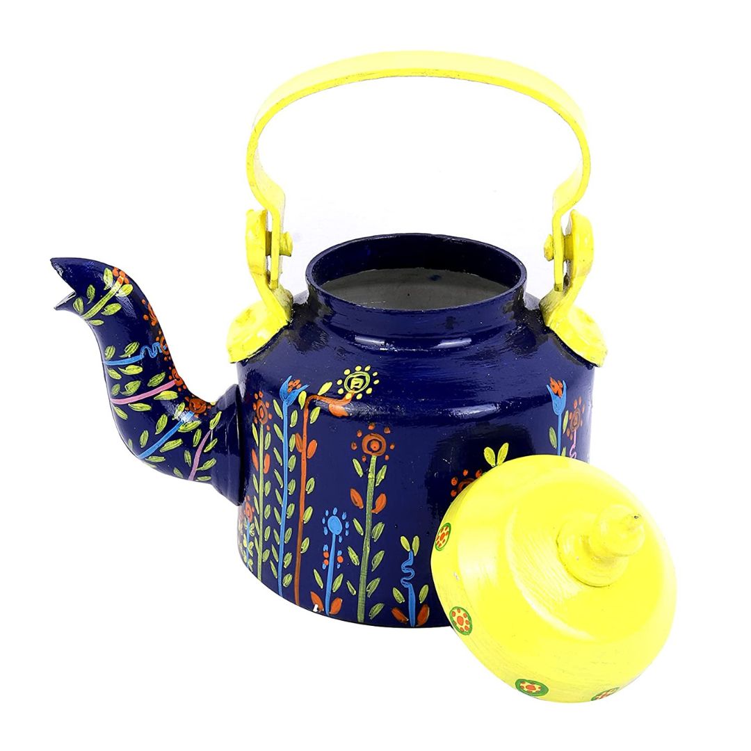 INDHA Blue &amp; Yellow Colour Handpainted Tea/Coffee Kettle/Decorative Kettle Living Room Showpiece
