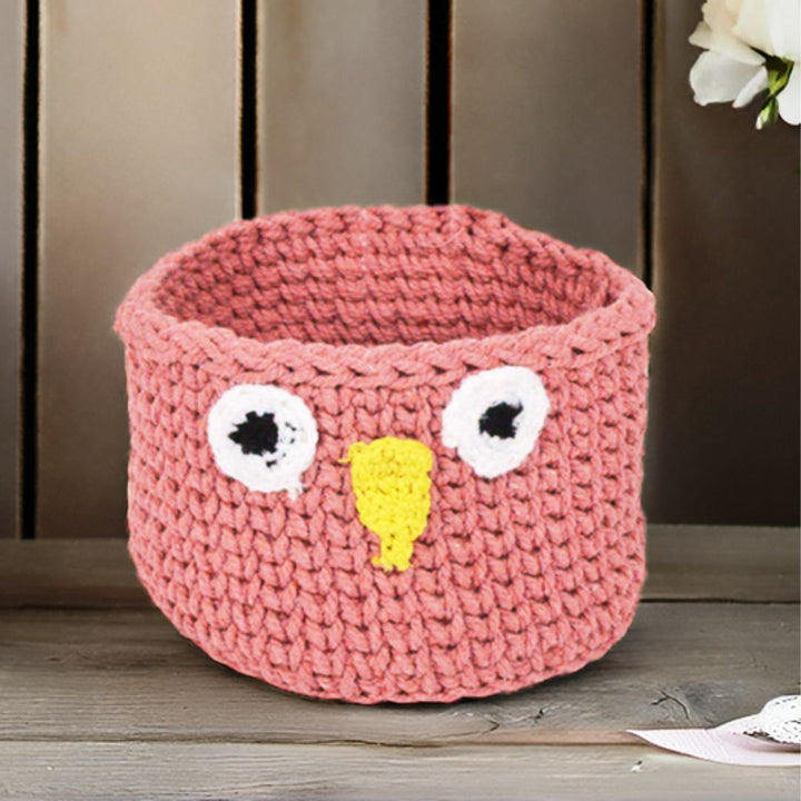 Indha Handcrafted Basket | Hand Knitted Basket | Cotton Rope Basket | Peach Cotton Basket | Owl Design Basket