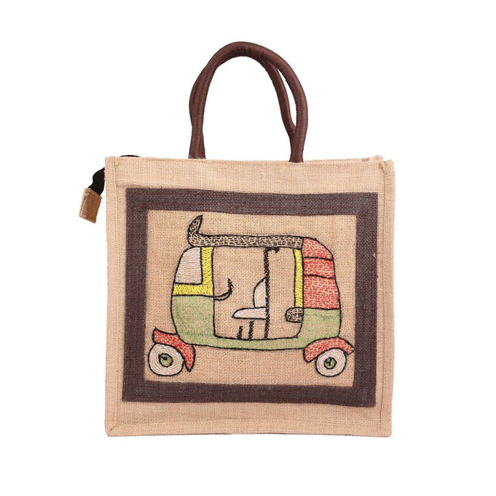INDHA Hand Embroidered Auto Rickshaw Embroidery Jute Lunch Bag/ Gift Bag for Men/Women