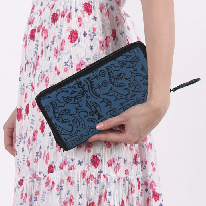 Doodle Art Hand Block Printed Blue Denim Clutch Purse for Girls & Women | Fashion | Accessory