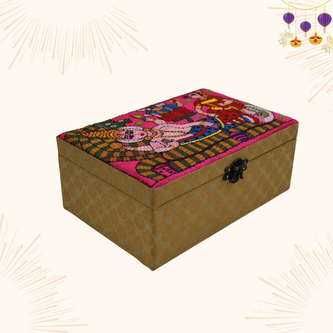 INDHA Hand Embroidered Golden Colour Multi utility Gift Box/Storage Box/ Jewellery Box/Diwali Gift Box