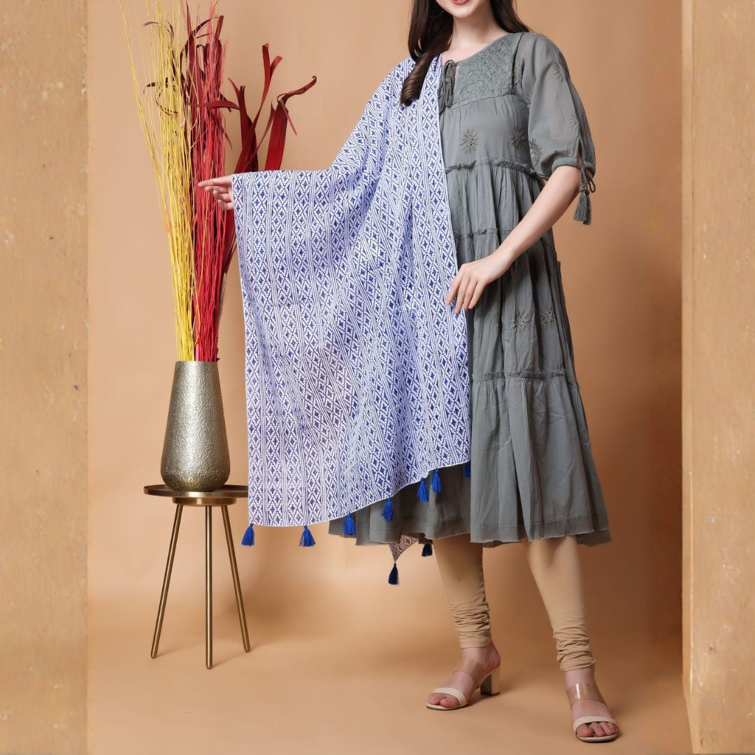 INDHA Stole | White Cotton Stole | Hand Block-Printed Blue Geometric Design Pattern | Hand Block Printed Stole | Stoles For Women | Traditional Stoles | Gifting | Fashion Wear | Indo Western Stole | Fashion Accessory